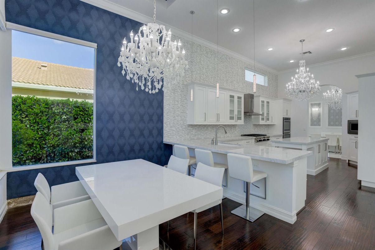 Chandelier, Interior, Kitchen, Pendant Lights, Recessed Lighting, Stainless Steel Appliances, Wood Texture Flooring