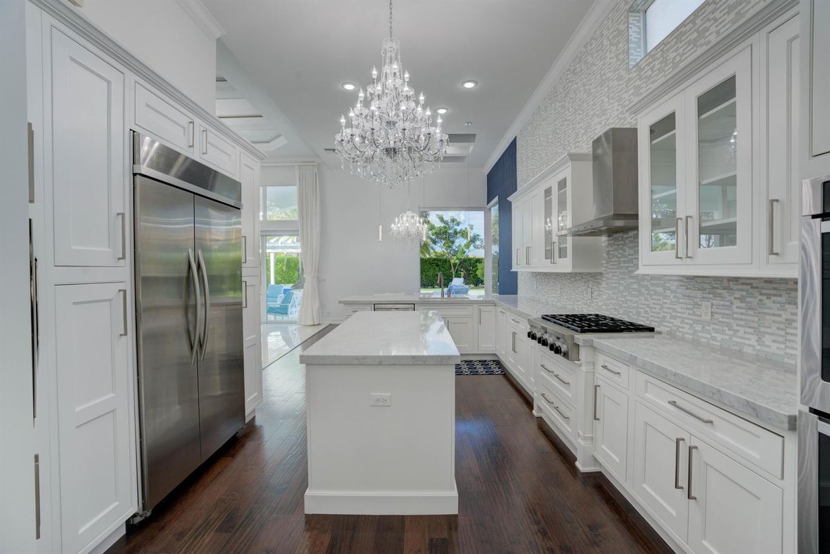 Chandelier, Interior, Kitchen, Recessed Lighting, Stainless Steel Appliances, Wood Texture Flooring