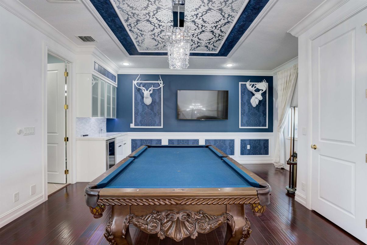 Billiard Table, Chandelier, Game Room, Interior, Recessed Lighting, Wood Texture Flooring