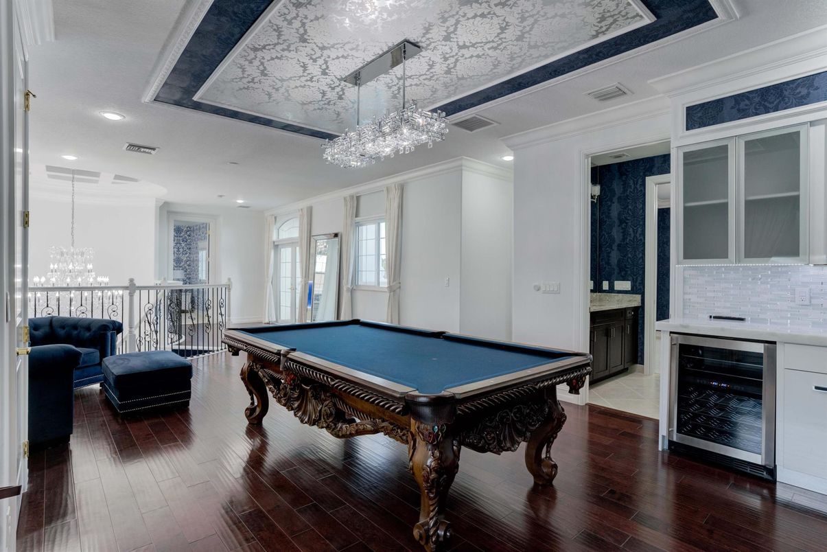 Billiard Table, Chandelier, Game Room, Interior, Recessed Lighting, Wood Texture Flooring
