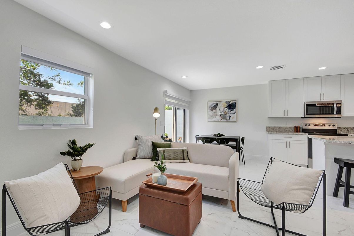 Dining room, Interior, Kitchen, Living room, Marble, Recessed Lighting, Stainless Steel Appliances