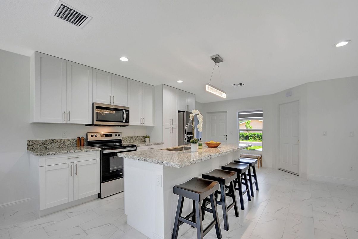 Interior, Kitchen, Marble, Pendant Lights, Recessed Lighting, Stainless Steel Appliances