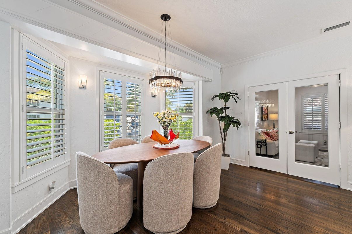 Dining room, Interior, Pendant Lights, Wood Texture Flooring