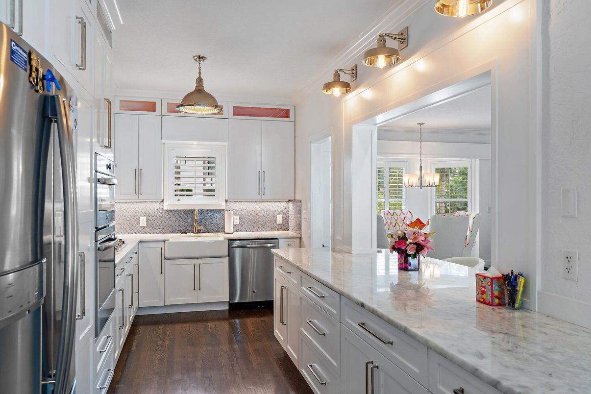Interior, Kitchen, Pendant Lights, Stainless Steel Appliances, Wood Texture Flooring