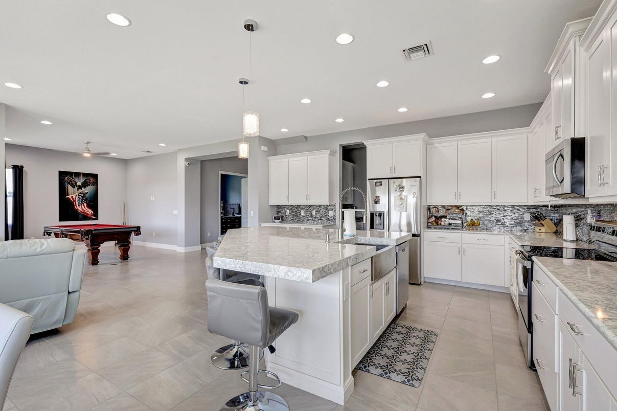 Billiard Table, Game Room, Interior, Kitchen, Pendant Lights, Recessed Lighting, Stainless Steel Appliances