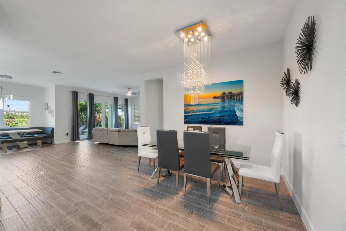 Chandelier, Dining room, Interior, Pendant Lights, Wood Texture Flooring