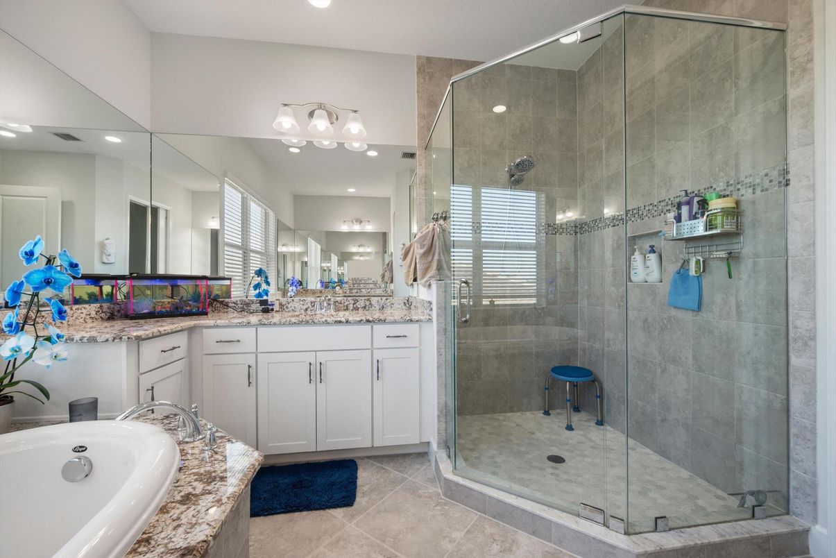 Bathroom, Dual Sink Vanities, Glass Shower, Interior, Recessed Lighting