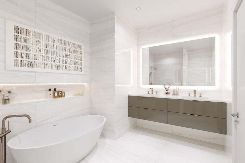 Bathroom, Dual Sink Vanities, Free Standing Baths, Interior, Marble Walls, Recessed Lighting