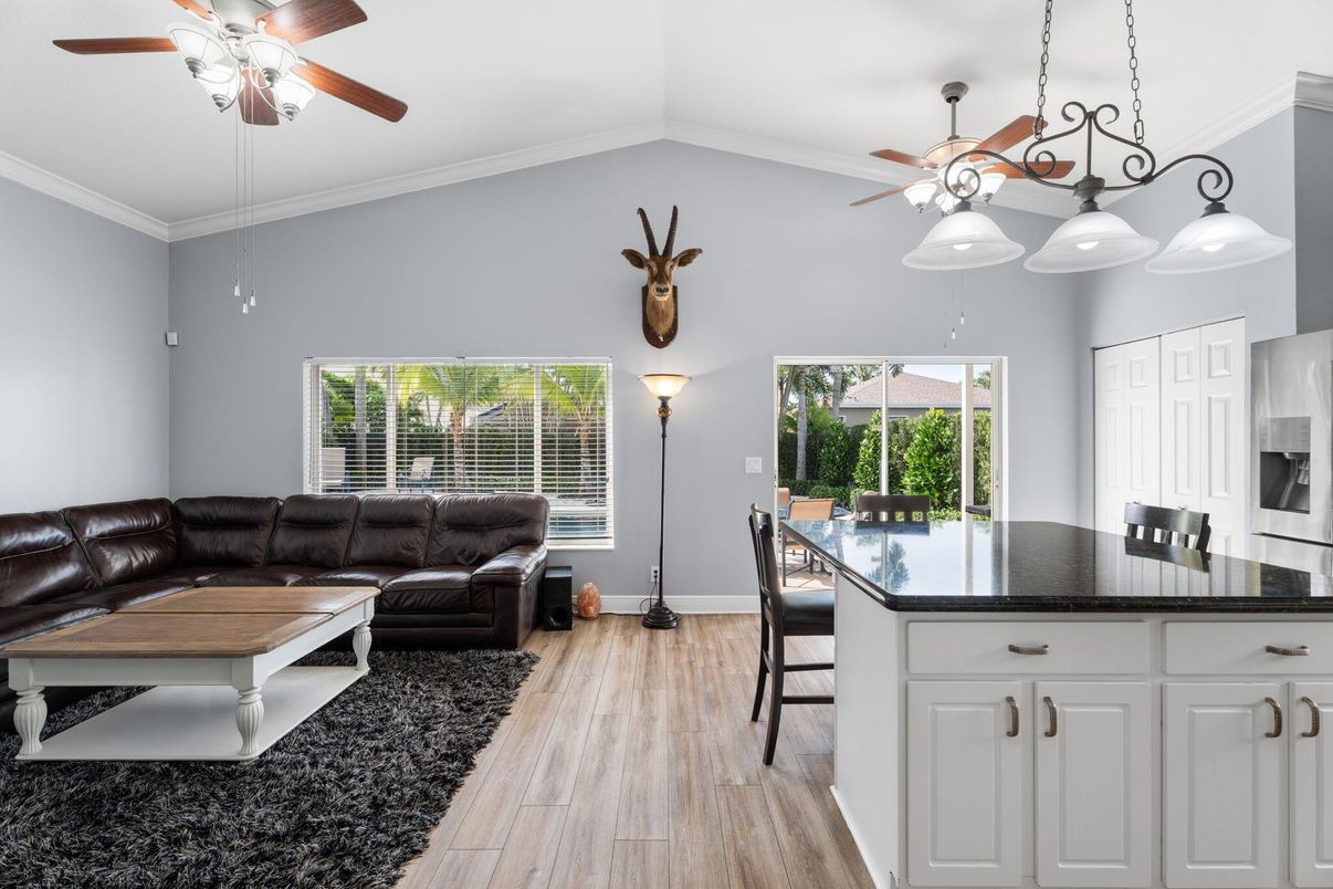 Dining room, Interior, Living room, Pendant Lights, Wood Texture Flooring