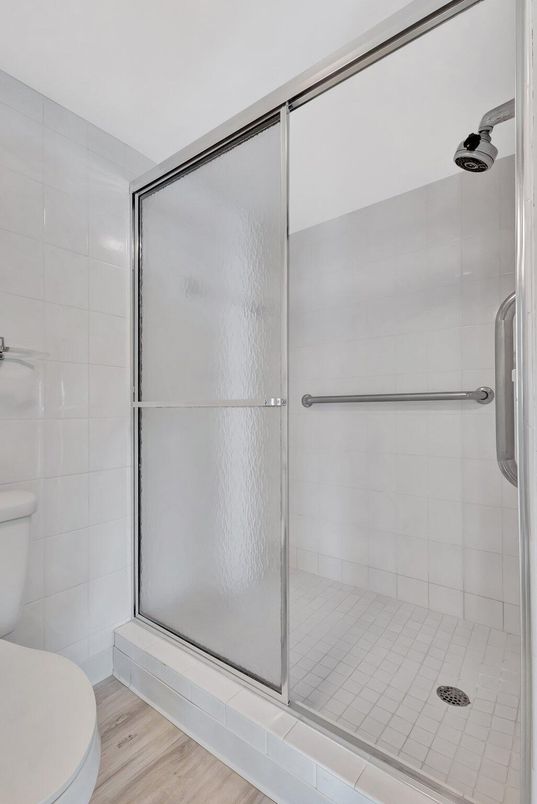 Bathroom, Glass Shower, Interior, Wood Texture Flooring