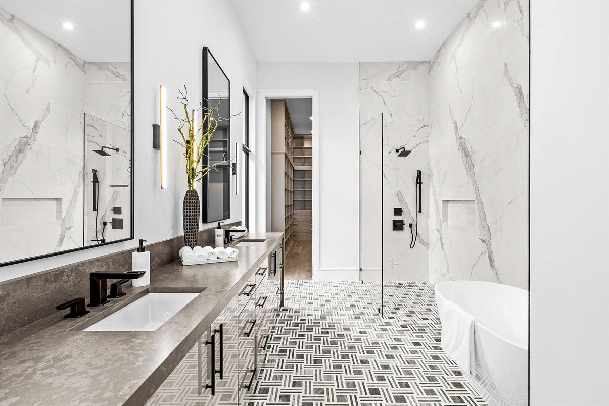Bathroom, Dual Sink Vanities, Free Standing Baths, Glass Shower, Interior, Marble Walls, Recessed Lighting, Walk-in Closets