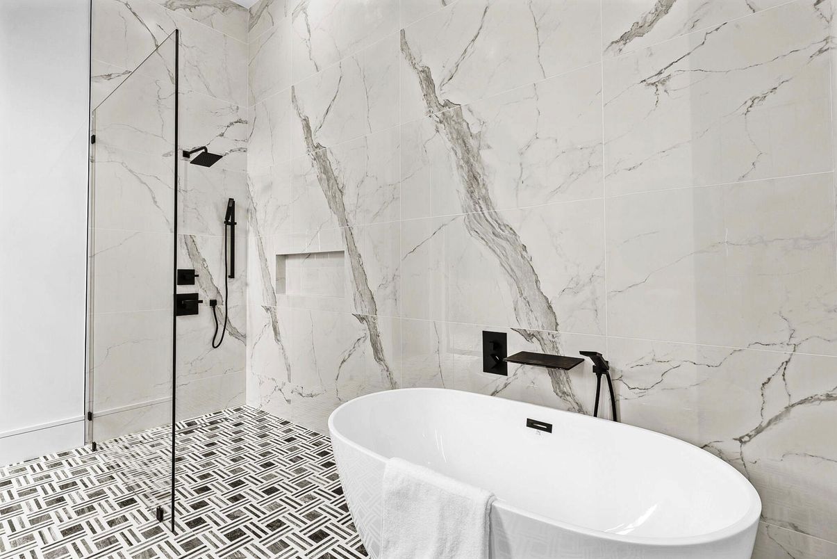 Bathroom, Free Standing Baths, Glass Shower, Interior, Marble Walls