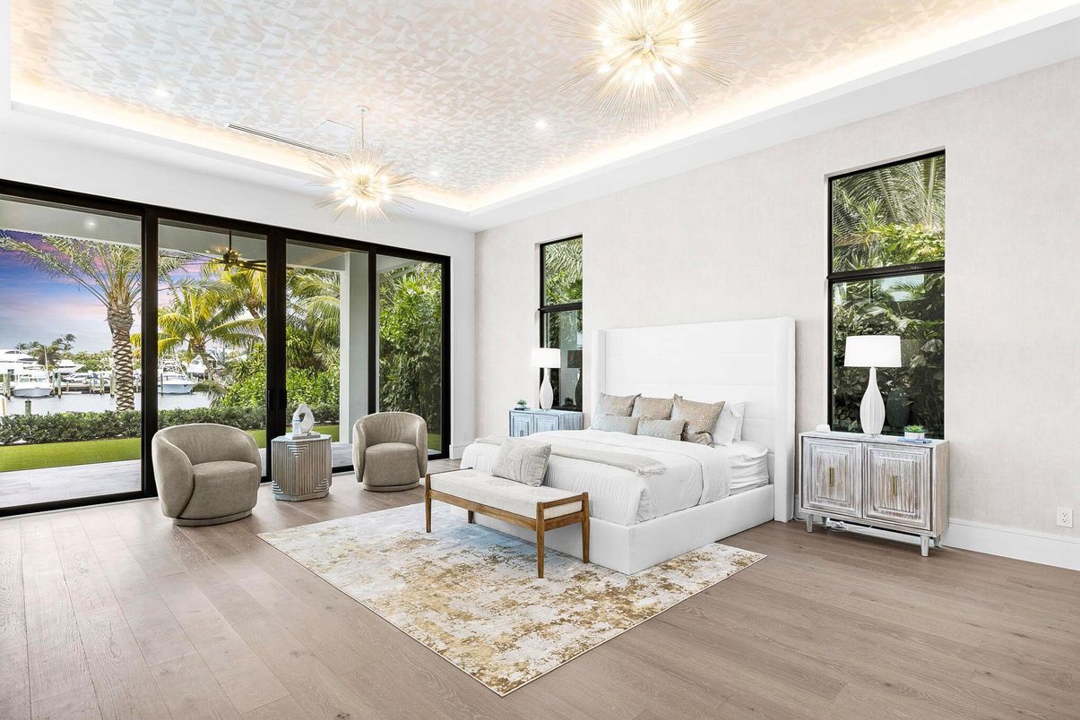 Bedroom, Interior, Pendant Lights, Wood Texture Flooring