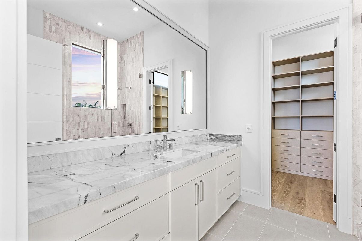 Bathroom, Dual Sink Vanities, Interior, Recessed Lighting, Wood Texture Flooring