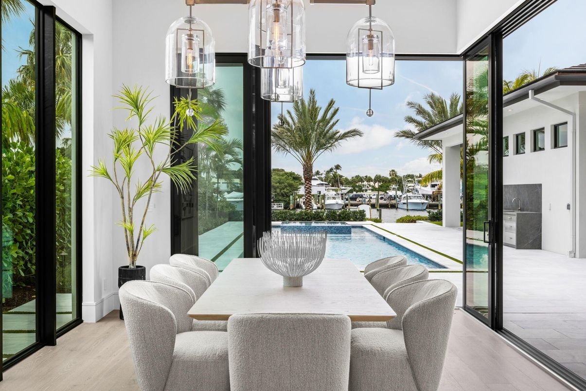 Dining room, Interior, Pendant Lights, Pool, Water, Wood Texture Flooring