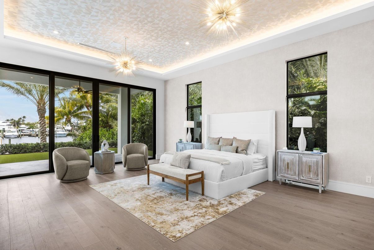 Bedroom, Interior, Pendant Lights, Recessed Lighting, Wood Texture Flooring