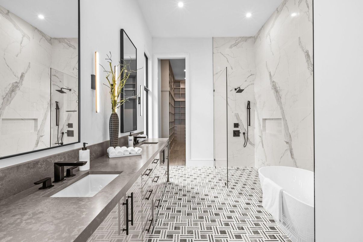 Bathroom, Dual Sink Vanities, Glass Shower, Interior, Marble Walls, Recessed Lighting
