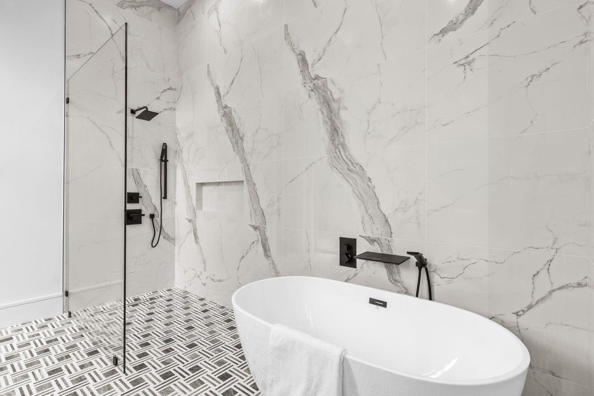 Bathroom, Free Standing Baths, Glass Shower, Interior, Marble Walls