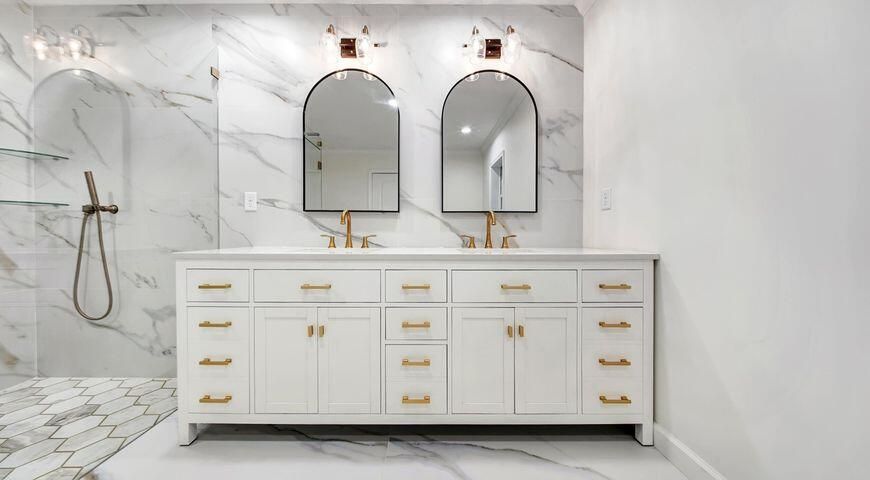 Bathroom, Dual Sink Vanities, Interior, Marble, Marble Walls