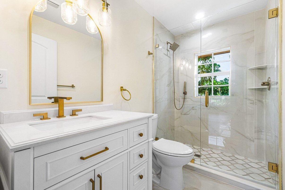 Bathroom, Glass Shower, Interior, Marble Walls, Recessed Lighting