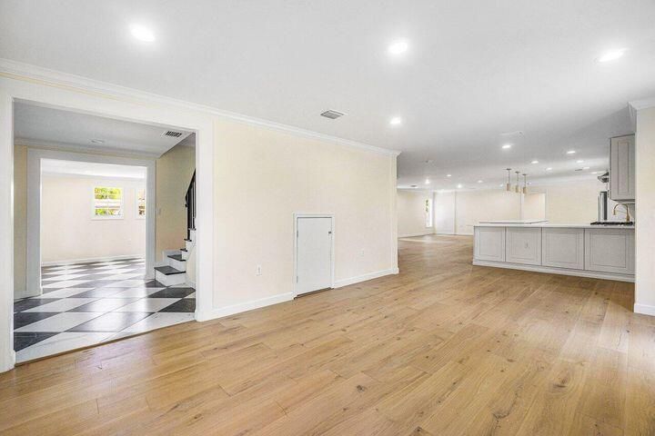 Empty room, Interior, Kitchen, Pendant Lights, Recessed Lighting, Wood Texture Flooring