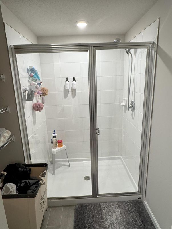 Bathroom, Glass Shower, Interior, Recessed Lighting, Wood Texture Flooring