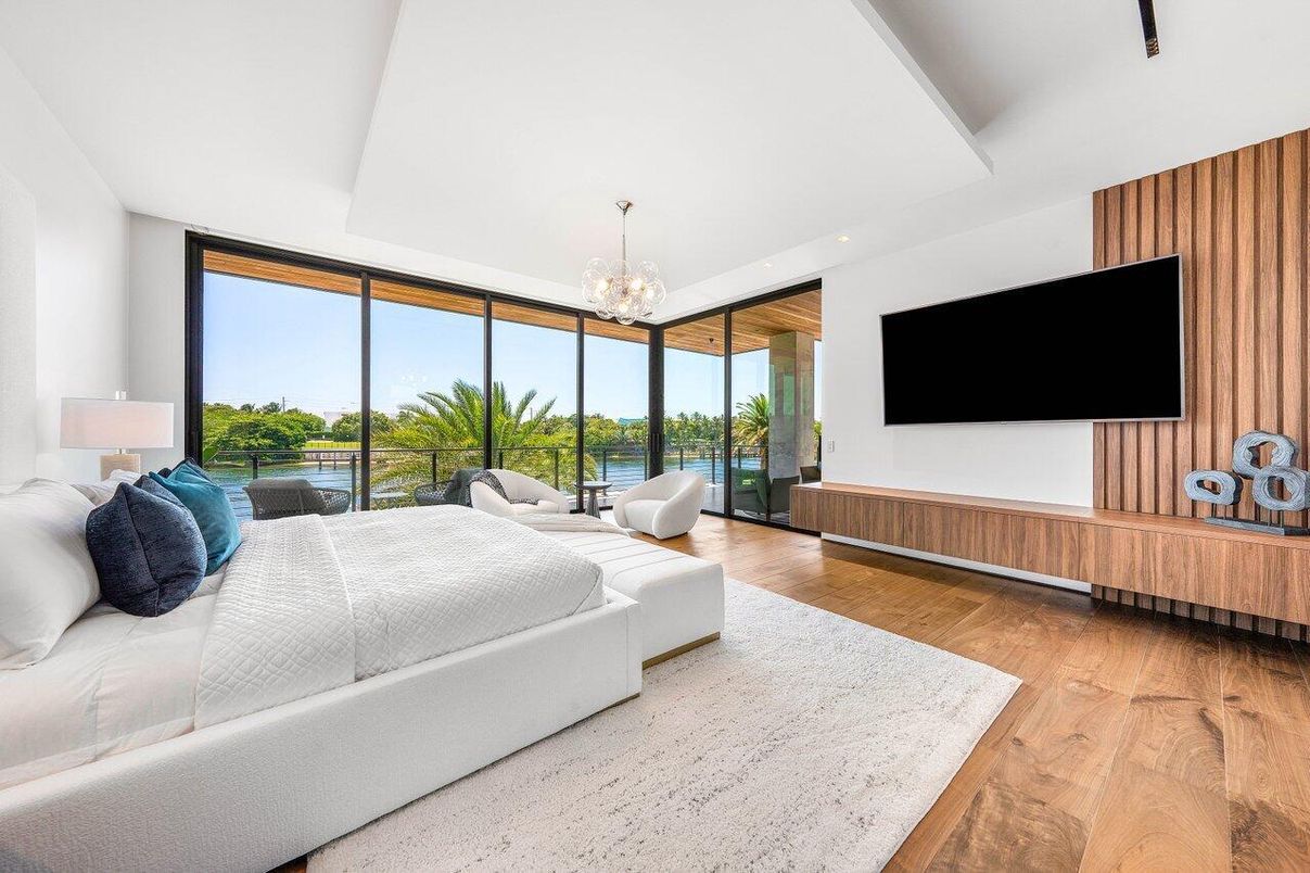 Bedroom, Chandelier, Interior, Recessed Lighting, Water, Wood Texture Flooring