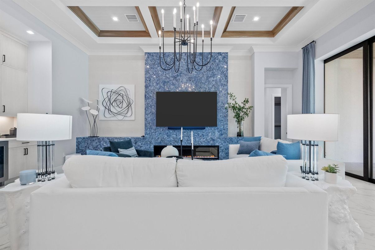 Chandelier, Fireplace, Interior, Living room, Marble, Pendant Lights, Recessed Lighting