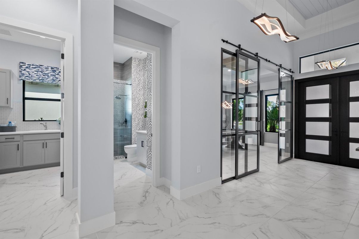 Bathroom, Glass Shower, Interior, Marble, Pendant Lights