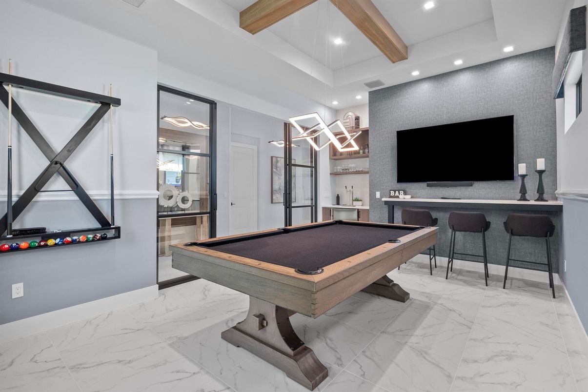 Billiard Table, Game Room, Interior, Marble, Pendant Lights, Recessed Lighting, Wooden Beams