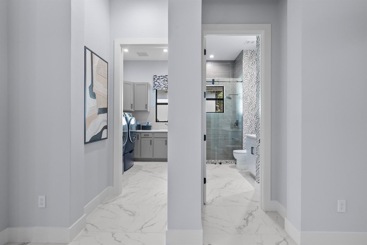 Bathroom, Glass Shower, Interior, Marble, Recessed Lighting