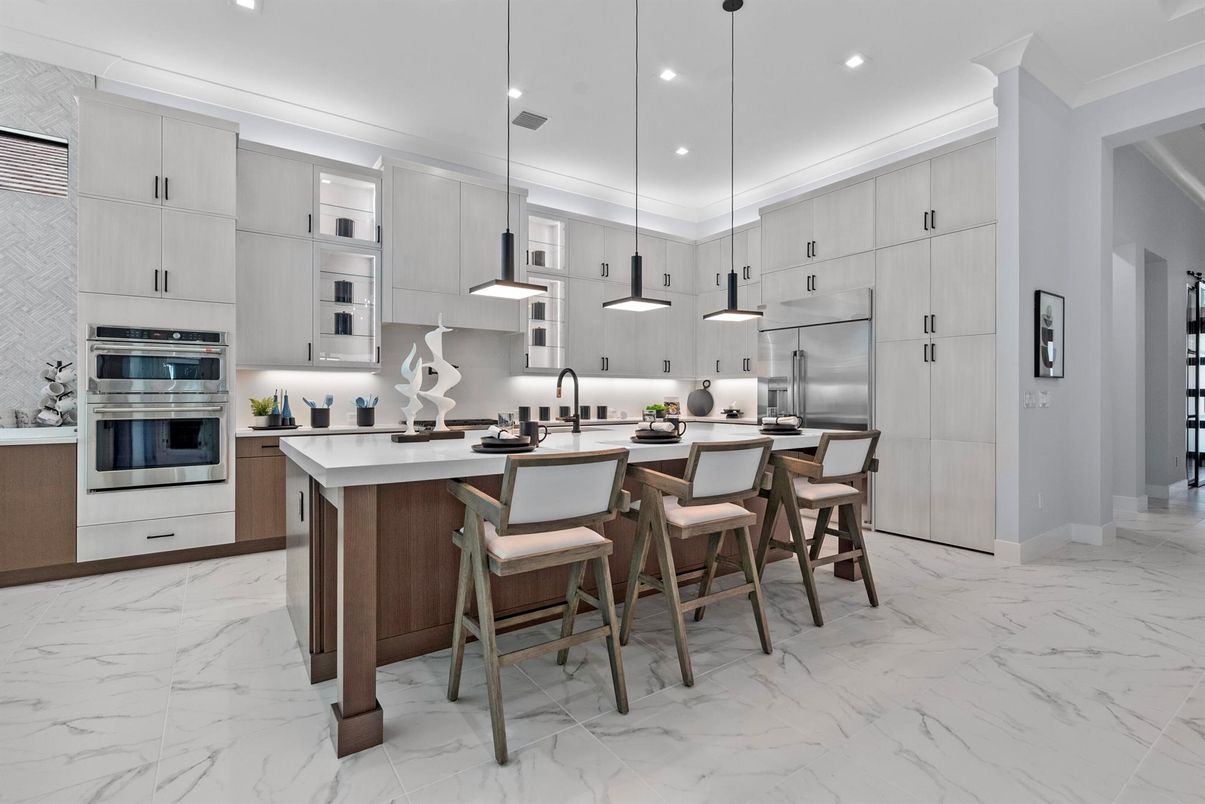 Interior, Kitchen, Marble, Pendant Lights, Recessed Lighting, Stainless Steel Appliances