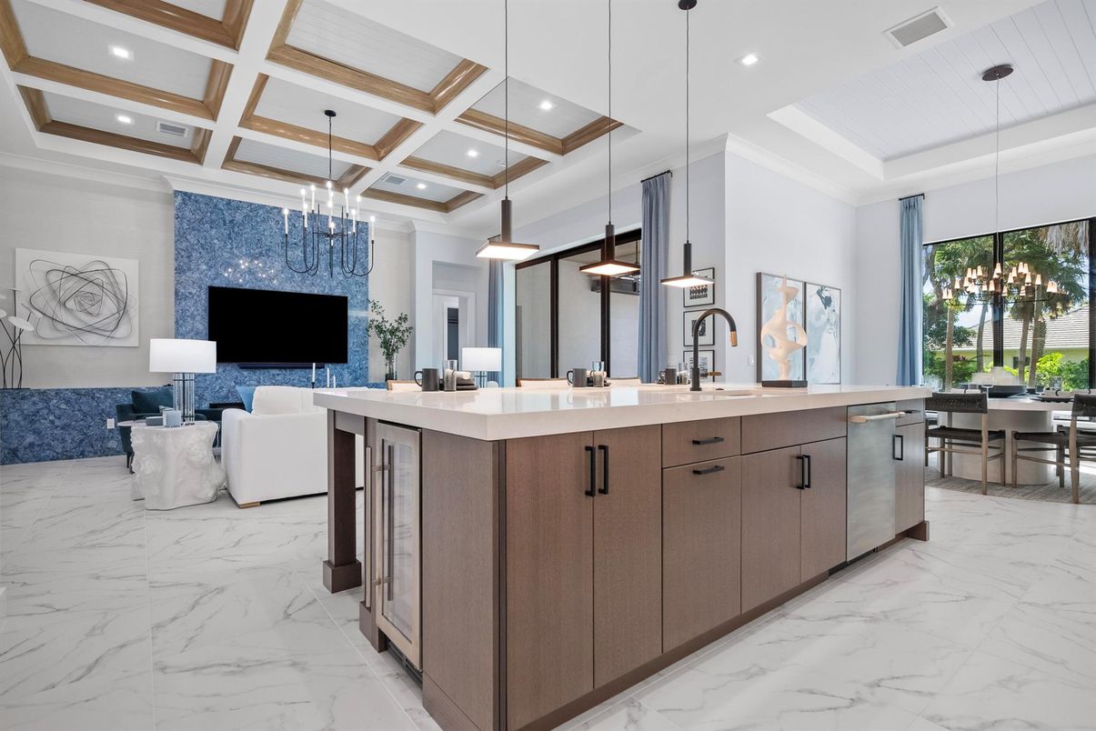 Chandelier, Dining room, Interior, Kitchen, Living room, Marble, Pendant Lights, Recessed Lighting, Stainless Steel Appliances