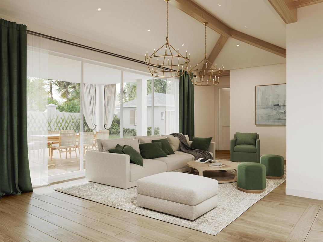 Chandelier, Interior, Living room, Pendant Lights, Recessed Lighting, Wooden Beams, Wood Texture Flooring