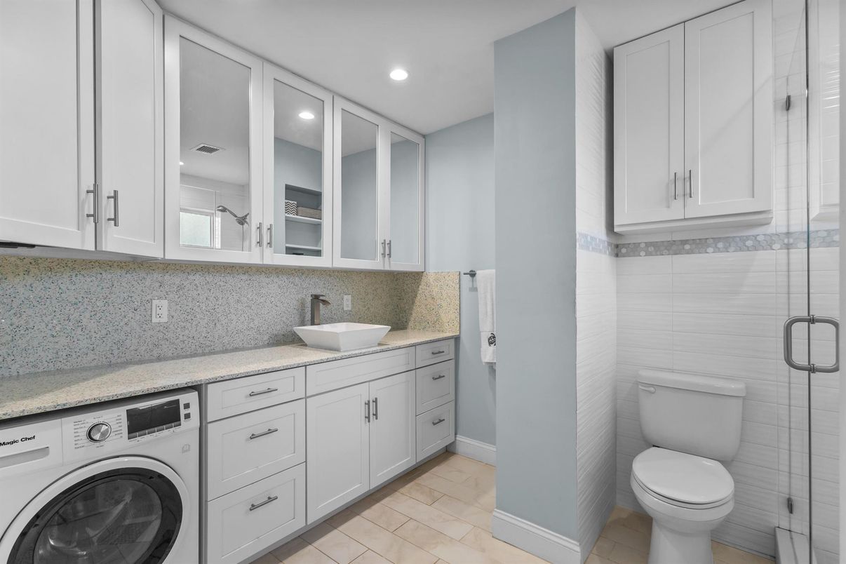 Bathroom, Glass Shower, Interior, Recessed Lighting, Washer