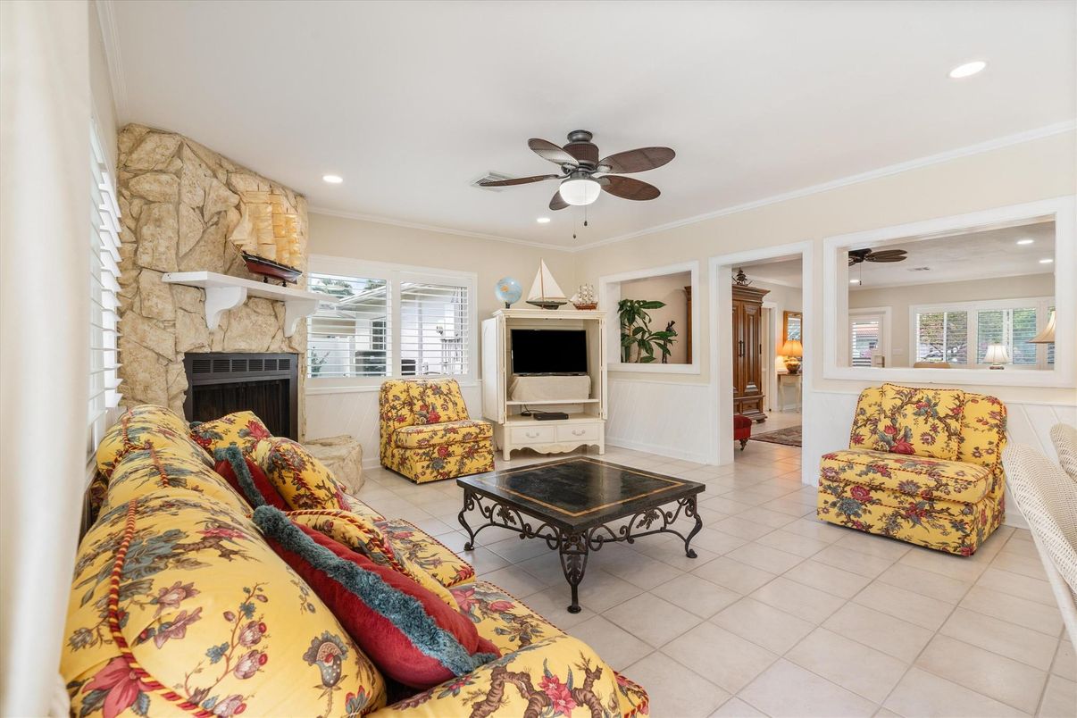 Fireplace, Interior, Living room, Recessed Lighting, Stone Walls