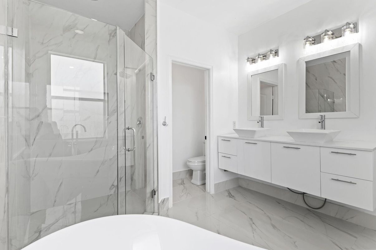Bathroom, Dual Sink Vanities, Glass Shower, Interior, Marble, Marble Walls
