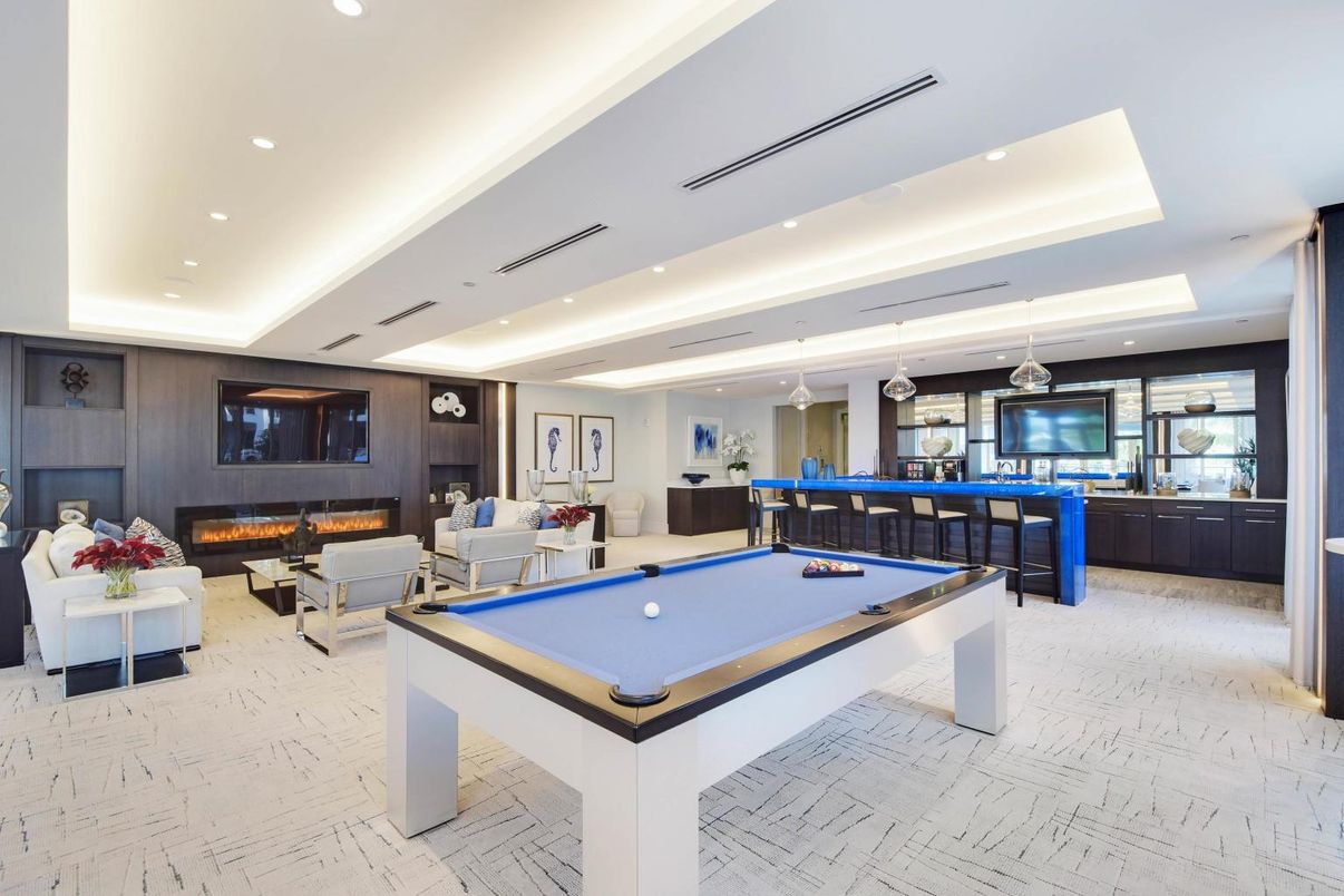Billiard Table, Fireplace, Game Room, Interior, Living room, Pendant Lights, Recessed Lighting