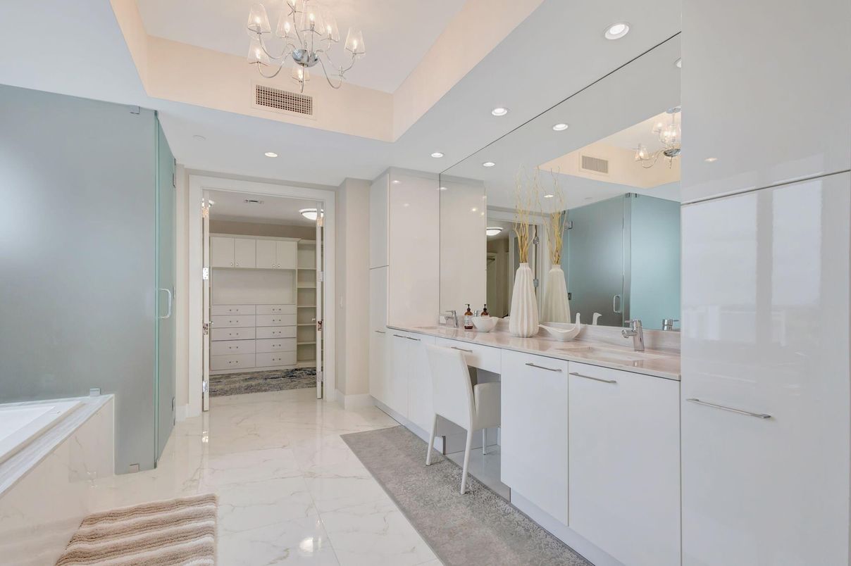Bathroom, Chandelier, Dual Sink Vanities, Interior, Marble, Recessed Lighting