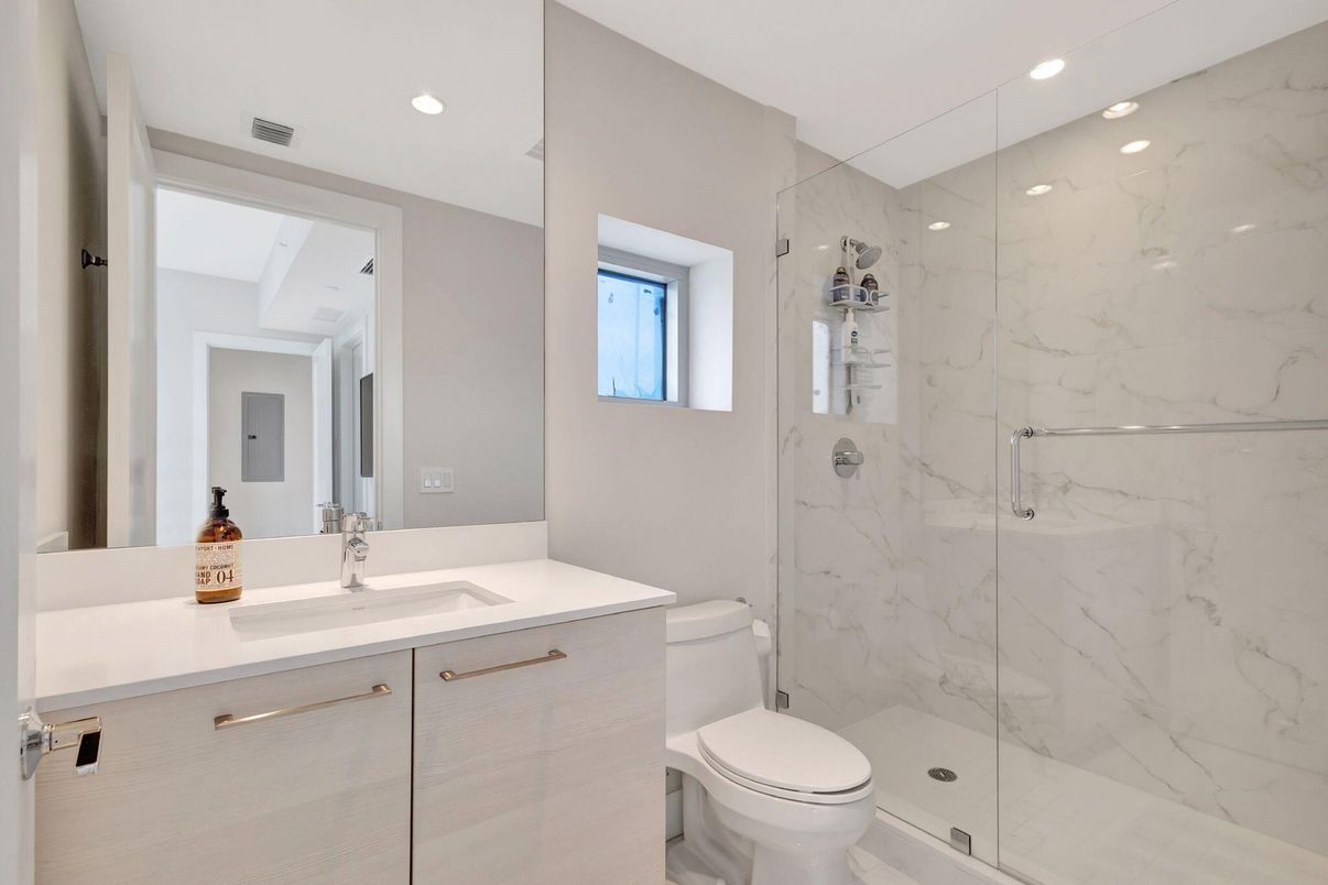 Bathroom, Glass Shower, Interior, Marble Walls, Recessed Lighting