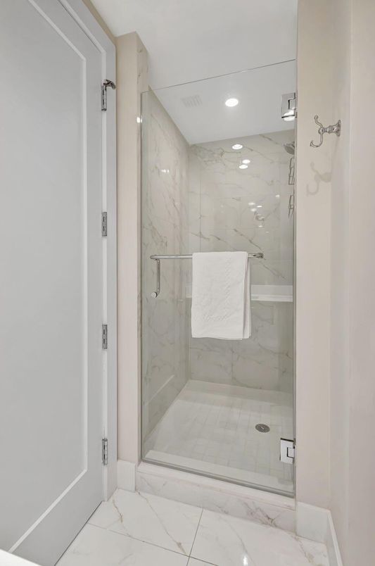 Bathroom, Glass Shower, Interior, Marble, Marble Walls, Recessed Lighting