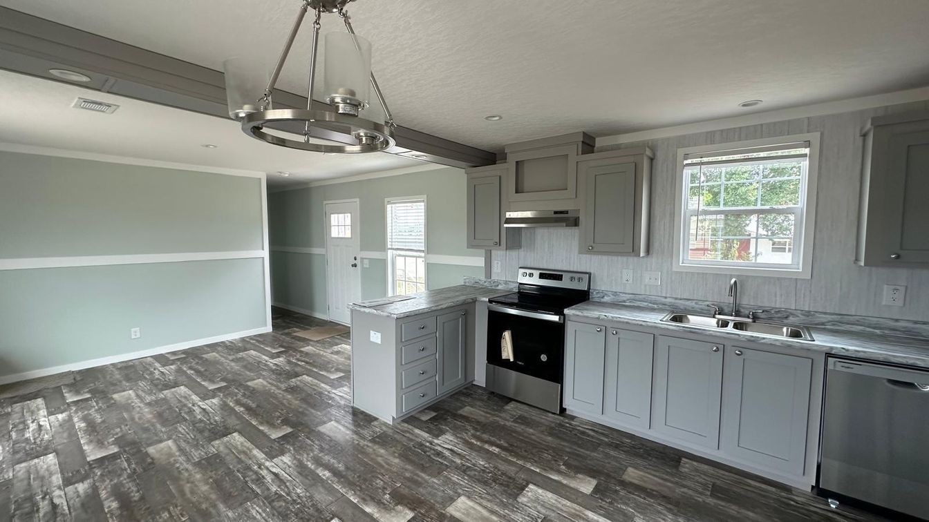 Chandelier, Interior, Kitchen, Pendant Lights, Recessed Lighting, Stainless Steel Appliances, Wood Texture Flooring