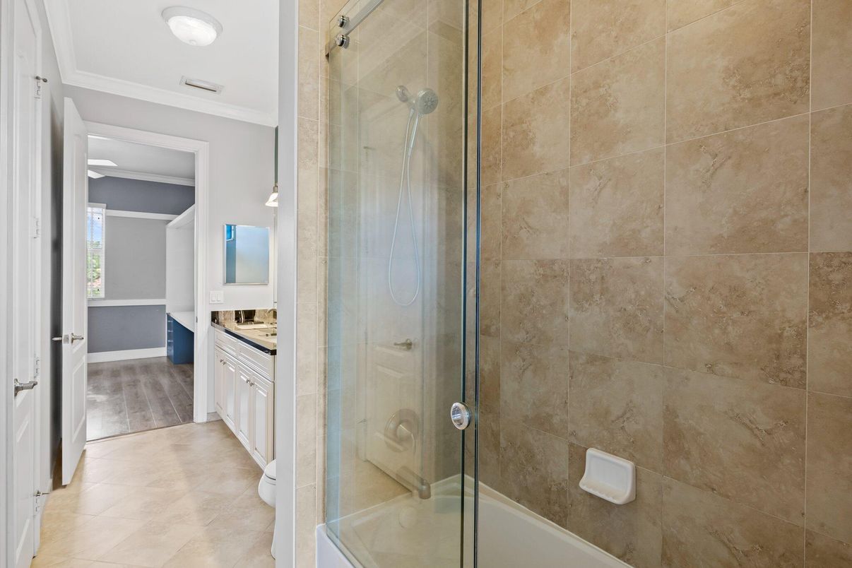 Bathroom, Glass Shower, Interior, Wood Texture Flooring