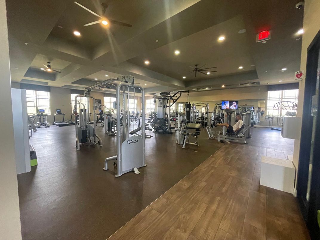 Fitness Equipment, Gym, Interior, Recessed Lighting, Wood Texture Flooring