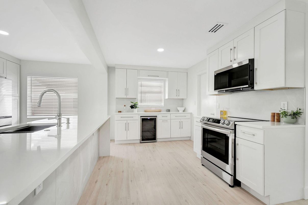 Interior, Kitchen, Recessed Lighting, Stainless Steel Appliances, Wood Texture Flooring