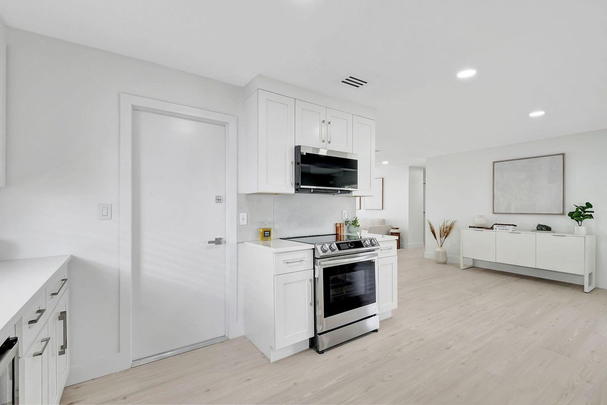 Interior, Kitchen, Recessed Lighting, Stainless Steel Appliances, Wood Texture Flooring