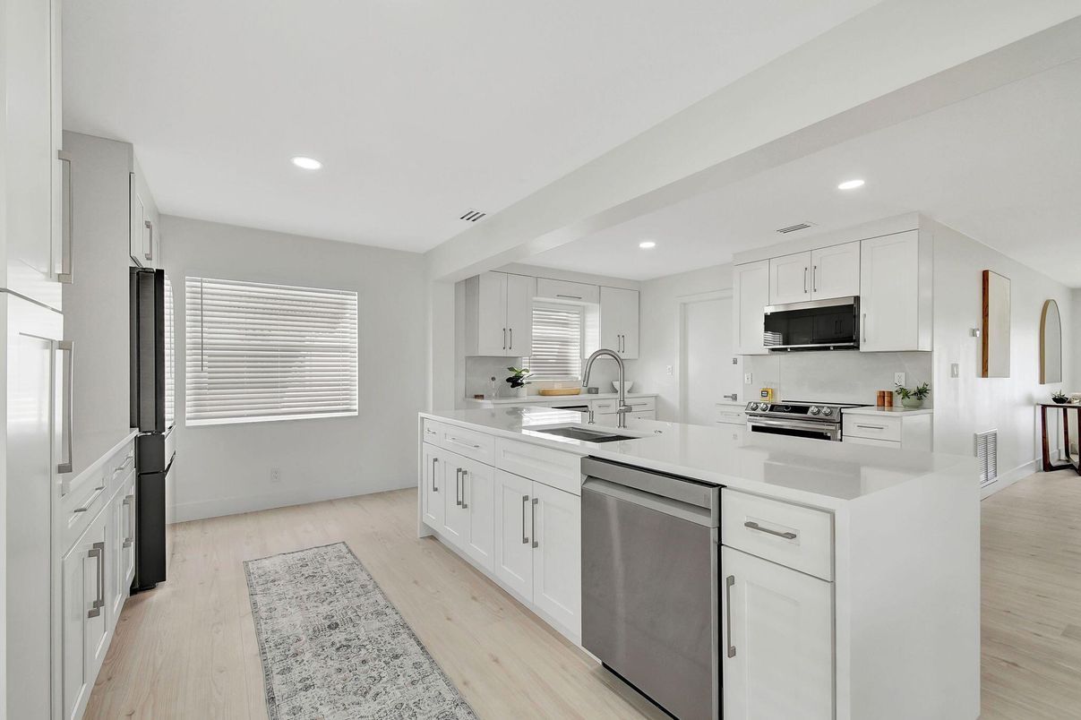 Interior, Kitchen, Recessed Lighting, Stainless Steel Appliances, Wood Texture Flooring