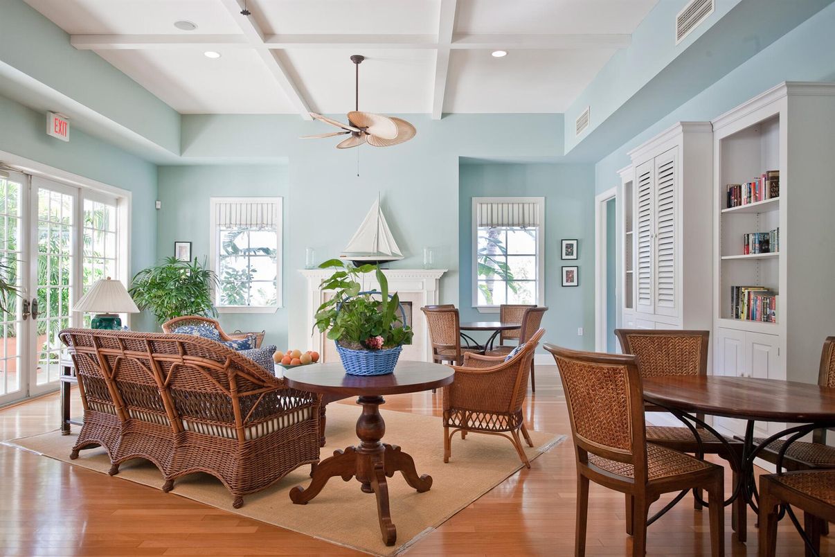 Dining room, Fireplace, Interior, Living room, Recessed Lighting, Wood Texture Flooring