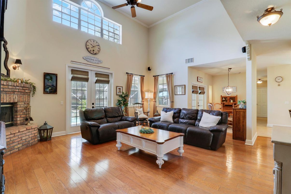 Fireplace, Interior, Living room, Pendant Lights, Wood Texture Flooring