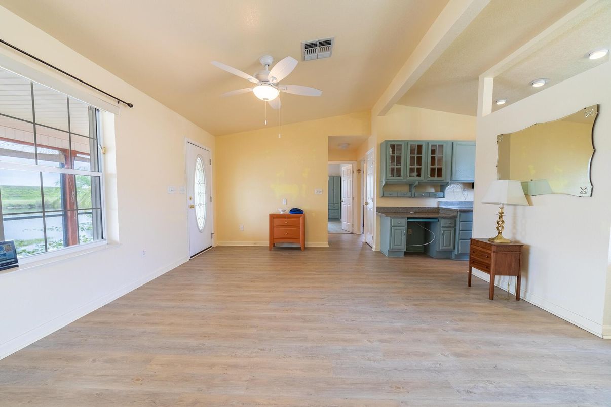 Empty room, Interior, Kitchen, Recessed Lighting, Wood Texture Flooring